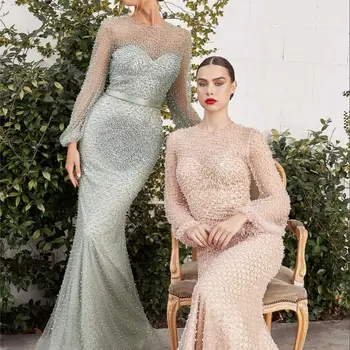 2023 Morská Víla Dlhý Rukáv Večerné Šaty Luxusné Elegantné Arabskom Dubaji Prom Plesové Šaty, Lištovanie Korálky Tylu O Krk, Pás Party Šaty