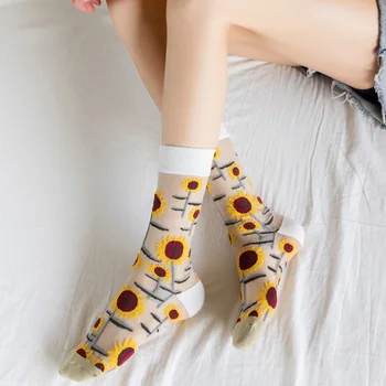 Kreatívne Kvetinové Rastlín Typu Ponožky Roztomilý Zvieratá Vzor Mid-tube Pančuchy Ženy Jar Leto Priedušná Transparentné Ponožky