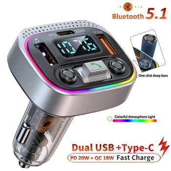Bluetooth 5.1 FM Vysielač Bezdrôtového pripojenia Bluetooth Adaptér do Auta Rýchlo Typ C Duálny USB Nabíjačka do Auta AUX Rádio Prijímač, Handsfree