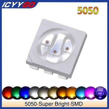 100ks 5050 Biele Teplé Modrá Zelená Červená Žltá Oranžová Ružová Fialová SMD LED PLCC-6 Diy 60MA 20-28LM 0,2 W Modul LED Dióda ICYYGO