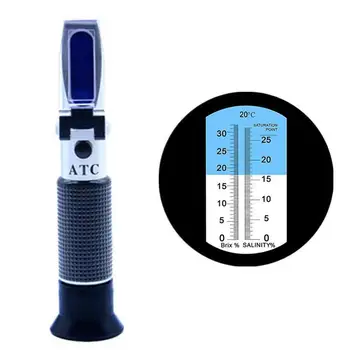 Ručné koncentrácia 0-32% Brix Ovocné Šťavy Tester 0-10% salinity Refraktometer Akvárium Slanej Vode Hustomer ATC Densimeter