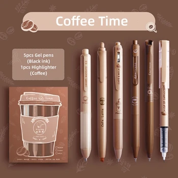 6pcs Kávy Čas Gél Perá Zvýrazňovač Nastaviť 0,5 mm Guľôčkové Čierna Farba, Atrament & Coffee Marker pre Písanie A7439