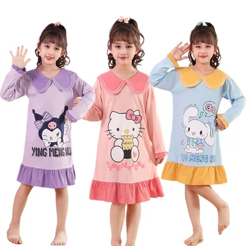 Kawaii Sanrio Hello Kitty Dievča Nightgown Moje Melódie Kuromi Cinnamoroll Deti Pyžamá Princezná Šaty Long Sleeve Domov Sleepwear