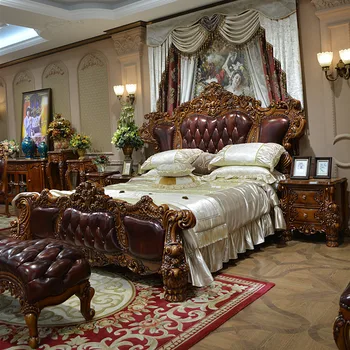 drevené vyrezávané dvojité queen bed villa spálňa Americké luxusné svadobné posteľ