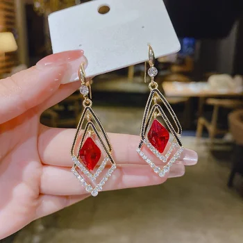 Shinning Červená/Modrá Geometrické Crystal Drop Náušnice Pre Ženy Osobnosti Dvojitého Kosoštvorca Drahokamu Náušnice Svadobné Party Šperky