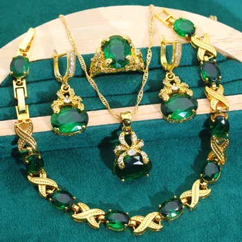 Nové Modely Zlatá Farba Šperky Sady Pre Ženy, Svadobné Zelený Zirkón Náramok, Náušnice, Náhrdelník Prívesok, Prsteň Datovania Dary