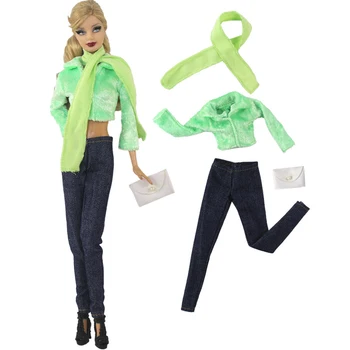 NK 4 Položky/ Set Zelené Tričko + Módne Trouseres + Taška + Šál Oblečenie, Bežné Denné Nosenie, Oblečenie pre Bábiku Barbie Príslušenstvo