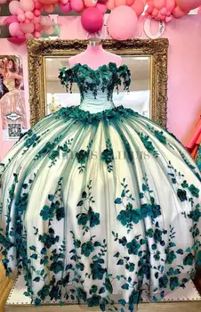 Smaragdovo Zelená plesové Šaty, Quinceanera Šaty 3D Kvety Korálky Nášivka Sladké 15 16 Šaty Party oblečenie Xv Años