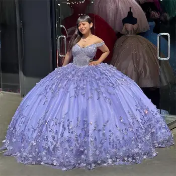 Fialová Lesk Crystal Lištovanie Čipky 3D Kvety Princess Quinceanera Šaty s Odnímateľnou Viazané Vlak Vestidos De 15 Años